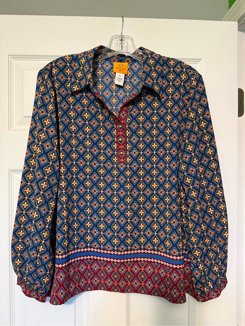 Ruby Rd. Blue Geometric Button-Front Shirt with Red Trim